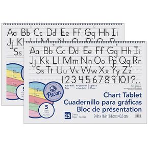 Pacon® Colored Paper Chart Tablet, Manuscript Cover, 5 Assorted Colors, 1-1/2" Ruled, 24" x 16", 25 Sheets, Pack of 2