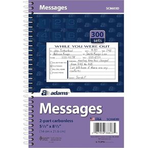 Adams Phone Message Book, 8.5 x 5.25 Inch, Spiral Bound, 2-Part, Carbonless, 3 Messages per Page, 300 Sets, White and Canary (SC8603D)