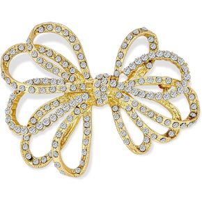 Winter Wedding Holiday White Glittering Crystal Bridal Fashion Large Statement Ribbon Bow Scarf Brooch Pin For Women Silver Plated