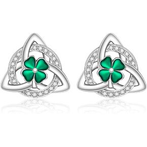 Celtic Knot Green Shamrock Earrings for Women Girls Studs Four Leaf Clover St Patricks Day Earrings Triangle Jewelry Birthday Irish Birthday Gifts Sterling Silver