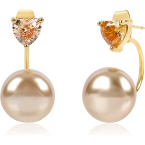 Champagne Pearl Jacket Earrings for Women with Cubic Zirconia Heart 14K Gold Plated Pearl Stud Earrings Elegant Front Back Simulated Pearl Earrings Bridal Wedding Party Jewelry Gifts for Women