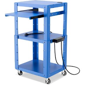 AV Presentation Cart Stand with Power Strip and Casters, Rolling Presentation and Media Cart on Wheels, Metal Construction, with Adjustable Shelves, 4 Wheels, 3 Outlets, 16.5ft Cord, Blue