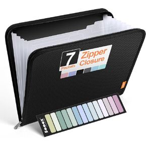 Sooez Accordion File Organizer with Safe Zipper, 7 Pockets Expanding File Folder, Heavy Duty Folder Organizer, Sleek Letter Size Accordion Folder, Portable Expandable File Folder for Documents, Black
