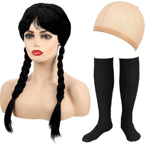 Karenhi 3 Pcs Halloween Girls Cosplay Set Kids Long Black Braided Wig with Wig Cap Black Calf Socks for Party Costume(Solid Style)