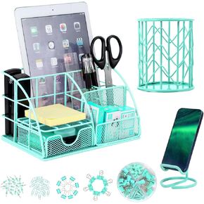 Desk Organizers and Accessories Office Supplies Organizer with Pen Holder, 72 Clips Set and Phone Stand, Metal Mesh Desktop Organizers with Drawer for Home, Office, School Ect (Black)