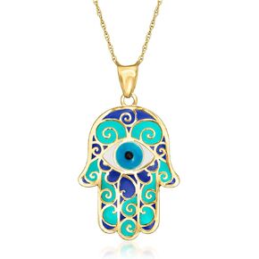 Ross-Simons Blue Enamel Hamsa Pendant Necklace in 14kt Yellow Gold. 18 inches