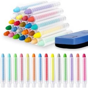 24Pcs Dustless Chalk for Kids,Colored Sidewalk Chalk With Holder,24Colors Washable Toddlers Chalks with Chalkboard Eraser for Blackboard Drawing Writing Outdoor Art Play