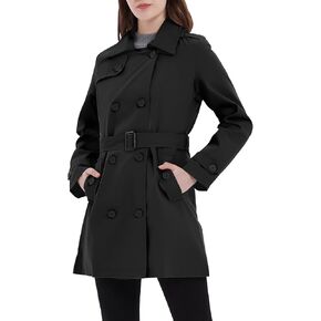 Women's Double Breasted Trench Coat Classic Lapel Belted Windproof Jacket with Detachable Hood