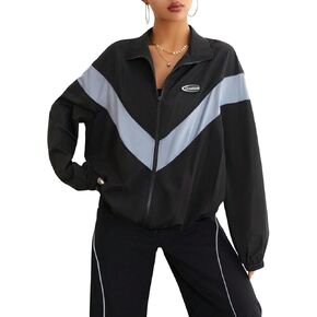 SOLY HUX Women's Letter Graphic Windbreaker Jacket Color Block Zip Up Oversized Jackets Long Sleeve Coats