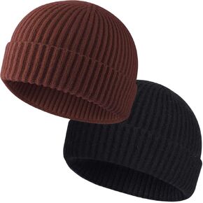 ROYBENS 2 Pack Wool Fisherman Beanies for Men, Knit Short Watch Cap Winter Warm Hats