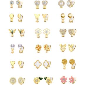18 Pairs Gold/Silver Clip on Earrings for Women Teens Hypoallergenic Non Pierced Earrings Cute Clip on Earrings Set Faux Pearl Heart Flower Love Knot CZ Clip on Stud Earrings Jewelry Gifts
