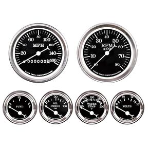 Classic/Vintage Mechanical 6 Gauge Set Black Dial for Car's Instrument Cluster - Includes Speedometer & Tachometer - Volt, Fuel Level, Water Temperature & Oil Pressure Gauge