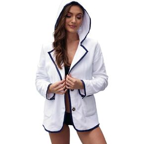 Luxurious Organic Cotton Terry Towelling Blazer for Women, Leisure Cotton Bath Robe for Elegant Beach and Yacht