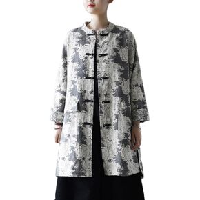 Women's Trench Coat Cotton Linen Jacquard Loose Long Sleeve Button Down Chinese Vintage Long Jacket