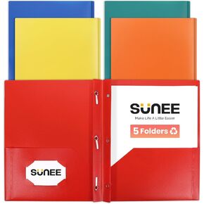 SUNEE Pocket Folders with Prongs(5 Pack, Assorted Colors) Recycled Plastic Folders with Pockets and Prongs Fit Letter Size, Poly Folders with Pockets for School Office Home