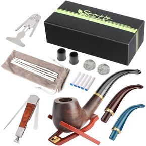 Scotte Wood Pipe Kit Handmade Pipe with Replaceable Pipe Stem and Accessories in Gift Box (Black&B)