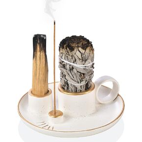Incense Holder, 4 in 1 Palo Santo Holder for Burning Sage and Sticks, 5.9 Inch Ceramic Incense Burner and Ash Catcher Tray with Handle, White Candle Holder for Meditation Home Zen Decor Gift in Kuwait