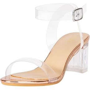 ZriEy Women's Nude Clear Block Heels 2 Inch Chunky Heeled Sandals Open Toe Strappy Low Heel Shoes Ankle Strap Adjustable Buckle Lucite High Heel Sandals Size 7