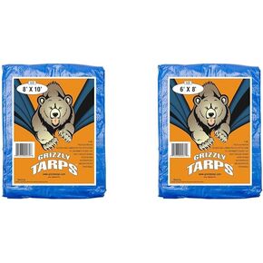 Grizzly Tarps 8' x 10' and 6' x 8' Polyethylene Waterproof Heavy Duty Tarps with Grommets for Home, Camping, Boats, Cars