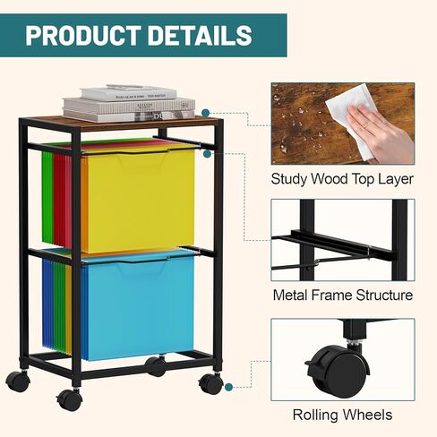 Snughome Rolling File Carts with Wheels Hanging Files for Letter Size, 2 Tiers Metal Movable File Cart, Pull-Out Filing Holder in Kuwait