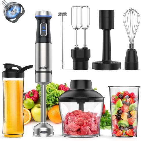 Ganiza Immersion Blender 5 in 1 Hand Blender 1000W Heavy Duty Motor, 16 Speed Mode Handheld Blender Stainless Steel Blade With 800ml Mixing Beaker, 600ml Chopper, Whisk and Milk Frother in Saudi Arabia