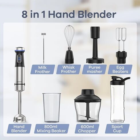 Ganiza Immersion Blender 5 in 1 Hand Blender 1000W Heavy Duty Motor, 16 Speed Mode Handheld Blender Stainless Steel Blade With 800ml Mixing Beaker, 600ml Chopper, Whisk and Milk Frother in Saudi Arabia