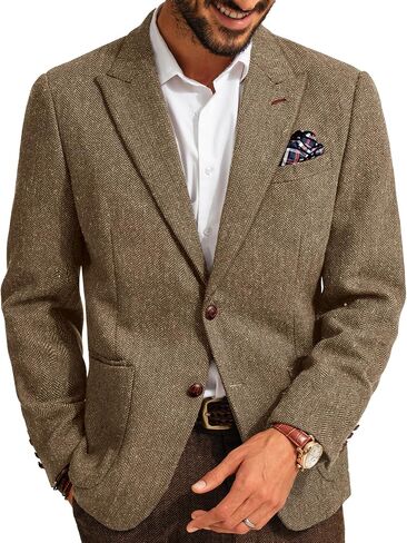 PJ PAUL JONES Mens Blazer Vintage Herringbone Tweed Blazer Two Button Wool Blend Sport Coat with Pocket Square in Saudi Arabia