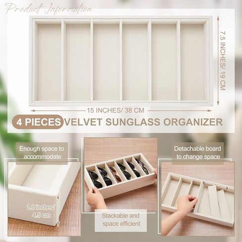 4 Pieces Velvet Sunglasses Organizer 6 Grid Sunglass Organizer Tray Velvet Glasses Tray Stackable Glasses Display Case Velvet Jewelry Tray for Women for Glasses Jewelry Watch Organizer Tray in Saudi Arabia