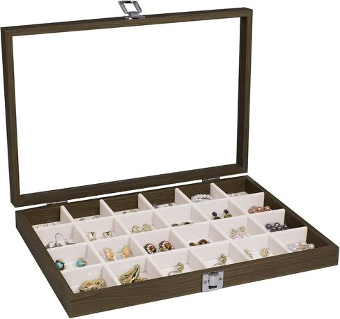 Wudygirl Jewelry Box for Women Wooden Jewelry Organizer 30 Grid Jewelry Box with Hinged Lid Earring Holder Organizer Jewelry Tray for Rings Bracelets Brooches (Gray 30 Grid) in Saudi Arabia
