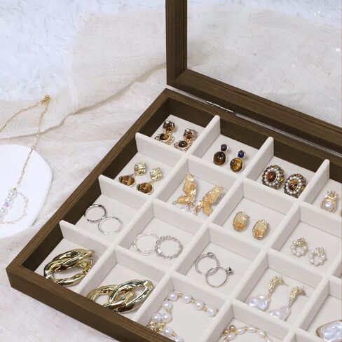 Wudygirl Jewelry Box for Women Wooden Jewelry Organizer 30 Grid Jewelry Box with Hinged Lid Earring Holder Organizer Jewelry Tray for Rings Bracelets Brooches (Gray 30 Grid) in Saudi Arabia