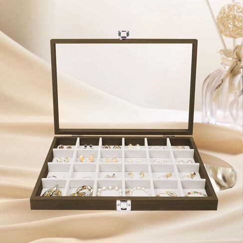 Wudygirl Jewelry Box for Women Wooden Jewelry Organizer 30 Grid Jewelry Box with Hinged Lid Earring Holder Organizer Jewelry Tray for Rings Bracelets Brooches (Gray 30 Grid) in Saudi Arabia