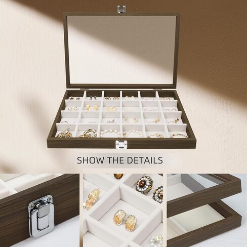 Wudygirl Jewelry Box for Women Wooden Jewelry Organizer 30 Grid Jewelry Box with Hinged Lid Earring Holder Organizer Jewelry Tray for Rings Bracelets Brooches (Gray 30 Grid) in Saudi Arabia