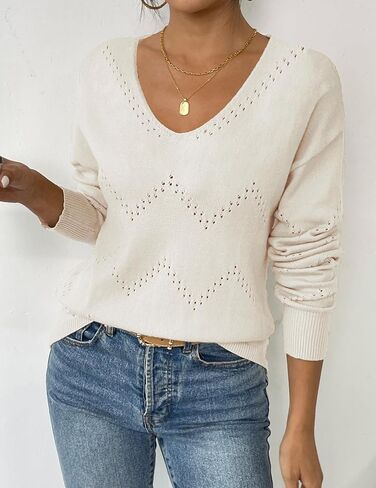 Zeagoo Womens Sweaters Fall Trendy Casual Long Sleeve Shirt Lightweight V Neck Off Shoulder Crochet Pullover Top Outfit in Kuwait