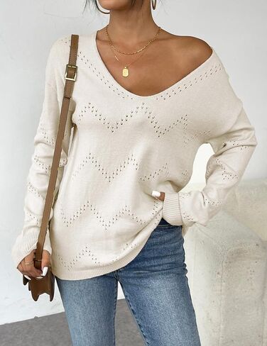 Zeagoo Womens Sweaters Fall Trendy Casual Long Sleeve Shirt Lightweight V Neck Off Shoulder Crochet Pullover Top Outfit in Kuwait