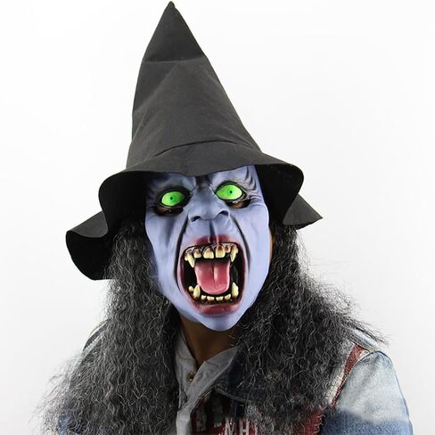 Scary Old Women Witch Mask with Hair Hat Halloween Costume Horror Witch Evil Ghost Mask Carnival Party Props in Saudi Arabia