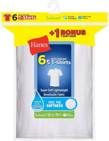 قميص داخلي Hanes Boys EcoSmart ذو رقبة دائرية، 6 قطع، مقاس L، أبيض in Saudi Arabia