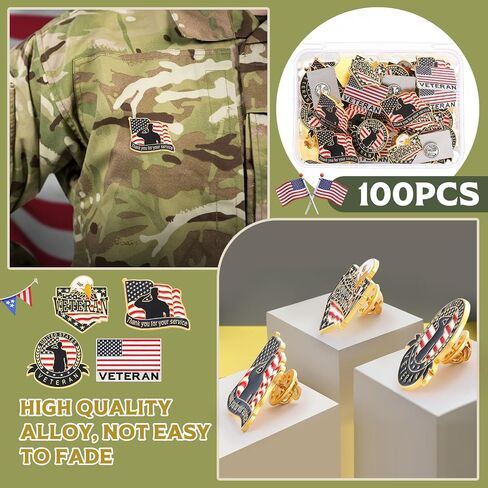 100 Pcs Veteran Day label Pins Bulk Military Lapel Pin Veteran Christmas Gifts Flag Hat Pins for US Veterans Day (Veteran) in Saudi Arabia