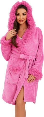 Women Hooded Plush Short Robe Soft Warm Fleece Bathrobe Fluffy Cute Spa Robe in Kuwait