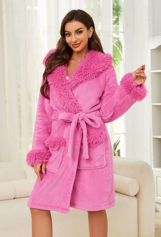 Women Hooded Plush Short Robe Soft Warm Fleece Bathrobe Fluffy Cute Spa Robe in Kuwait