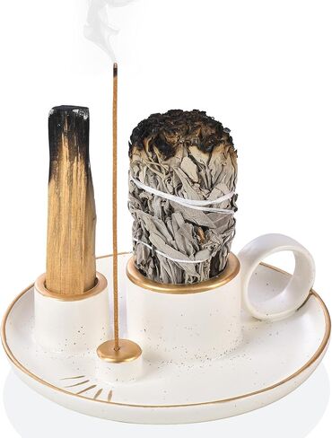 Incense Holder, 4 in 1 Palo Santo Holder for Burning Sage and Sticks, 5.9 Inch Ceramic Incense Burner and Ash Catcher Tray with Handle, White Candle Holder for Meditation Home Zen Decor Gift in Kuwait