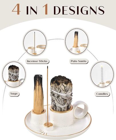 Incense Holder, 4 in 1 Palo Santo Holder for Burning Sage and Sticks, 5.9 Inch Ceramic Incense Burner and Ash Catcher Tray with Handle, White Candle Holder for Meditation Home Zen Decor Gift in Kuwait