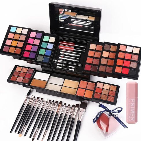 Makeup Gift Sets For Women Full Kits - 84 Colors Makeup Palette Contain Eyeshadow, Blusher, Lip Gloss, Lipsticks, Highlighter, Contour, Eyeliner Pencil, Mirror + 15Pcs Makeup Brushes + 2Pcs Heart Shape Sponge Puff + Eyeshadow Base Primer All In One Make U in Saudi Arabia