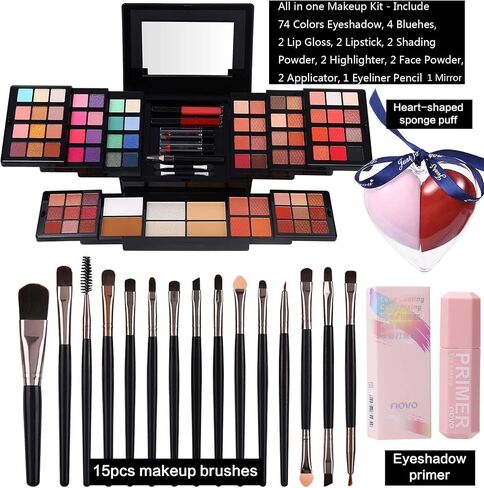 Makeup Gift Sets For Women Full Kits - 84 Colors Makeup Palette Contain Eyeshadow, Blusher, Lip Gloss, Lipsticks, Highlighter, Contour, Eyeliner Pencil, Mirror + 15Pcs Makeup Brushes + 2Pcs Heart Shape Sponge Puff + Eyeshadow Base Primer All In One Make U in Saudi Arabia