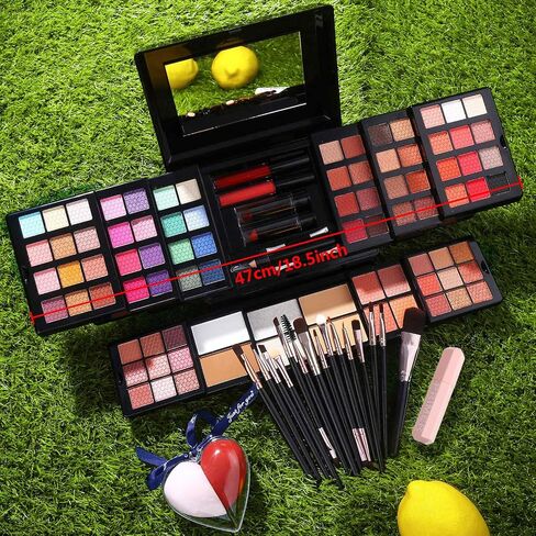 Makeup Gift Sets For Women Full Kits - 84 Colors Makeup Palette Contain Eyeshadow, Blusher, Lip Gloss, Lipsticks, Highlighter, Contour, Eyeliner Pencil, Mirror + 15Pcs Makeup Brushes + 2Pcs Heart Shape Sponge Puff + Eyeshadow Base Primer All In One Make U in Saudi Arabia