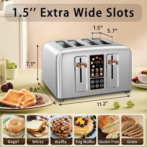 SEEDEEM 4 Slice Stainless Steel Toaster, 1.5" Wide Slots, Dark Metallic | Toaster 4 Slice, 6 Bread Type, 7 Shade Settings, 1.5'' Wide Slots, Cancel/Defrost/Reheat, Removable Crumb Tray, 1800W in Kuwait