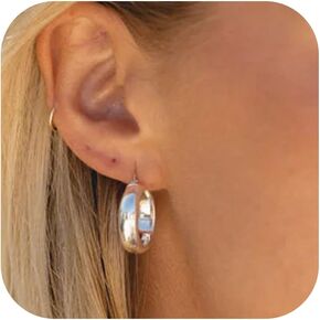 Silver Hoop Earrings for Women,14k Real White Gold Plated Hoops with S925 Sterling Silver Post Hypoallergenic Chunky Hoop Earrings for Women Trendy Jewelry Gifts