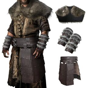 HiiFeuer Medieval Wide Belt Thigh Armor with Viking Artificial Fur Shawl and Barbarian Arm Guards, Vintage Faux Leather Costume