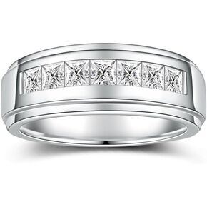 2.1 Carats 7 Stone Princess Cut Moissanite Rings for Men Women Moissanite Eternity Wedding Band Ring D Color VVS1 Lab Diamond Channel Set, Sterling Silver with 18K White Gold Plated Men Diamond Ring