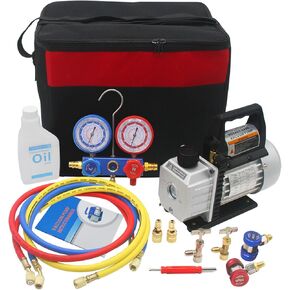 YaeTek 3CFM 1/4 HP مضخة تفريغ هواء دوارة بمرحلة واحدة HVAC R134a R12 R22 R410a A/C مجموعة قياس متعددة للتبريد مع حقيبة أدوات وملحقات in Kuwait