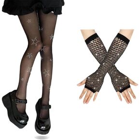 Punk Rhinestone Star Top Thigh High Stockings Y2K Gothic Fishnet Gloves Cute Pantyhose for Women Olivia Rodrigo Merch